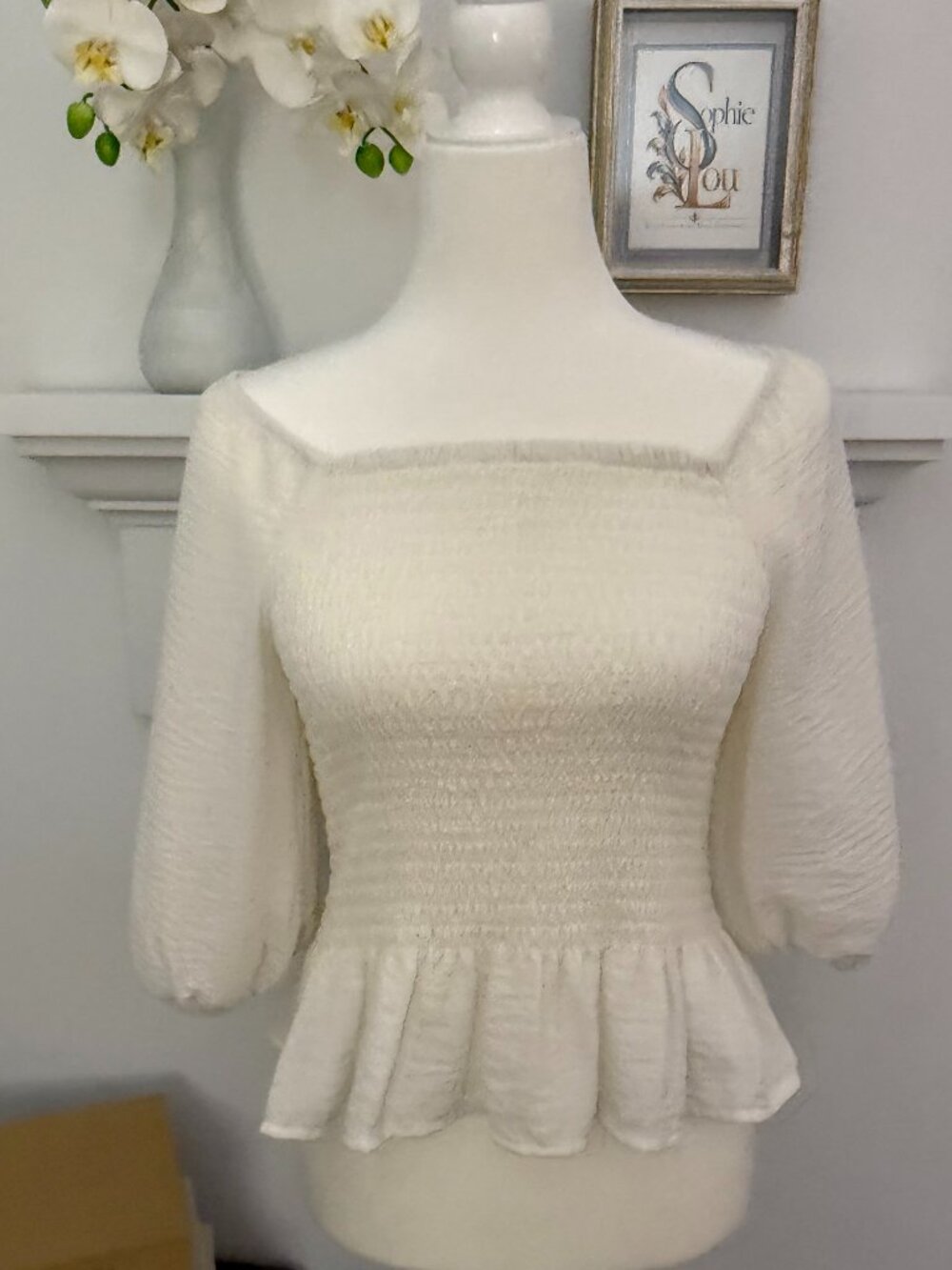 CATO Ivory Smocked Peplum Top Puff Sleeves Back Bow Size M